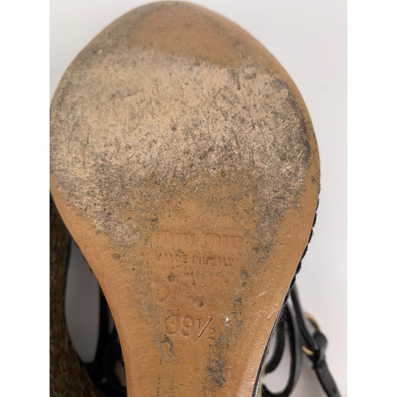 Miu Miu Black Leather Strappy Platform Wedge Sandal Espadrille Studs Size 39.5 - Picture 11 of 16